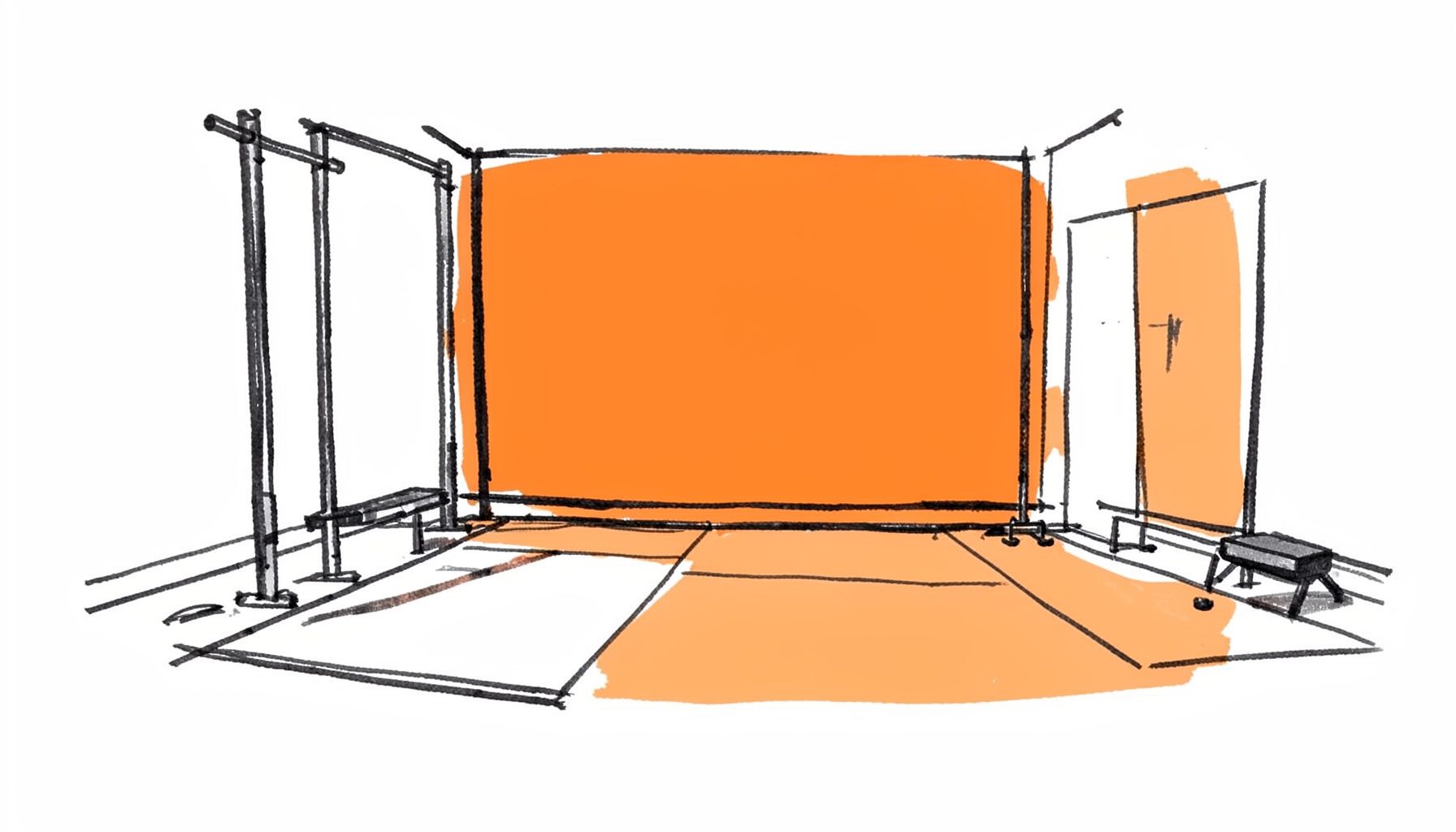 Hand-drawn ink illustration of a dim gym floor with simple equipment outlines, dark charcoal and muted orange tones, calm and focused mood