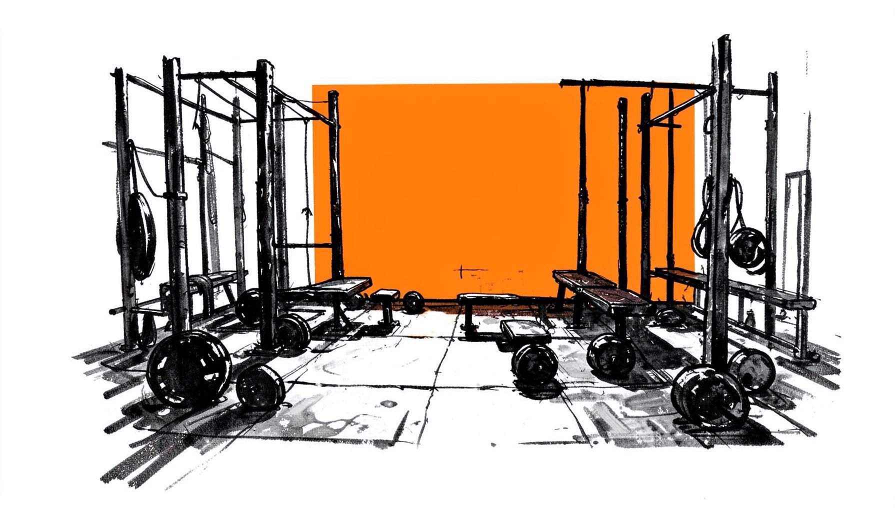 Hand-drawn ink illustration of a dim gym floor with scattered weights and benches, rendered in heavy black and grey tones with a moody, focused atmosphere