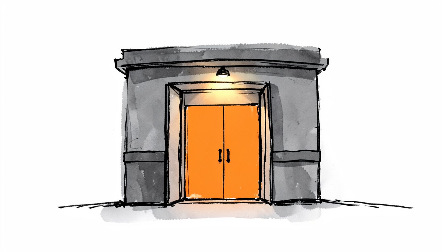 Hand-drawn ink illustration of a gym entrance at dusk, bold black lines and soft gray shading, with a single warm orange accent light glowing above the doorway, conveying a welcoming and focused mood