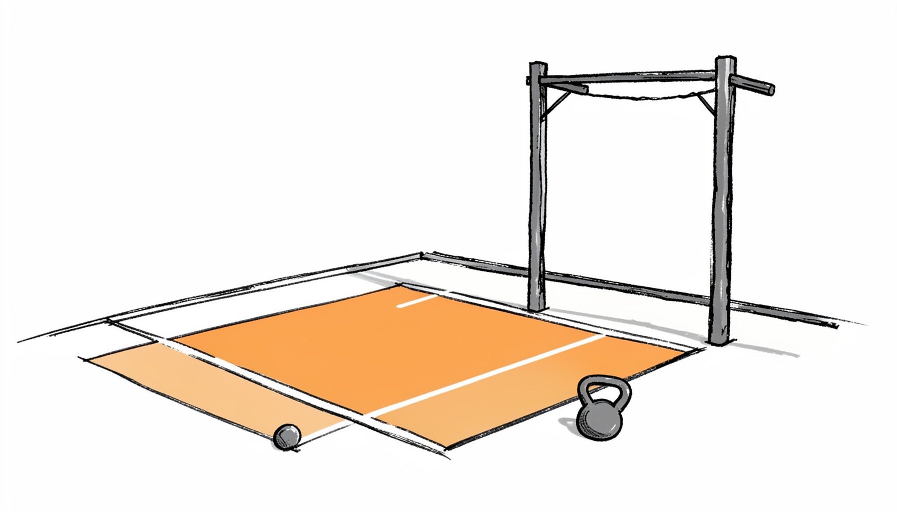 Hand-drawn ink illustration of an empty training floor with chalk lines, kettlebells, and a pull-up rig, in muted black and grey tones
